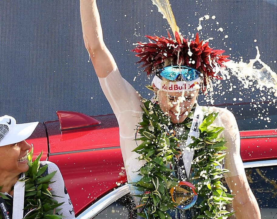 Anne Haug and Lucy Charles Barclay IRONMAN World Championship 2023 beer pour (Getty Images for IRONMAN)