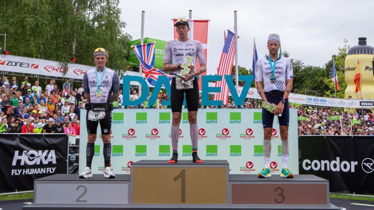 Men's Pro podium at Challenge Roth 2024 - Magnus Ditlev, Tom Bishop, Rudy Von Berg