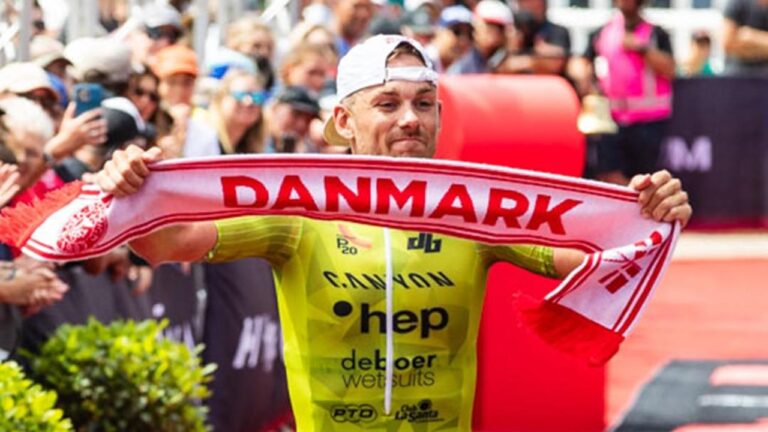 Daniel Baekkegard Denmark taking the win at GWM IRONMAN Western Australia 2023