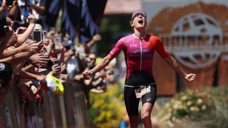 ST GEORGE, UTAH - MAY 07: Daniela Ryf of Switzerland celebrates as she nears the finish line to win the 2021 IRONMAN World Championships on May 07, 2022 in St George, Utah. (Photo by Tom Pennington/Getty Images for IRONMAN)