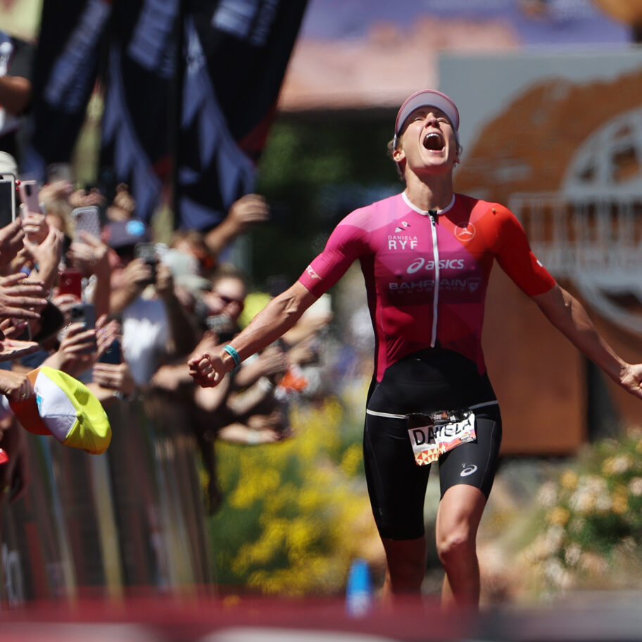 ST GEORGE, UTAH - MAY 07: Daniela Ryf of Switzerland celebrates as she nears the finish line to win the 2021 IRONMAN World Championships on May 07, 2022 in St George, Utah. (Photo by Tom Pennington/Getty Images for IRONMAN)