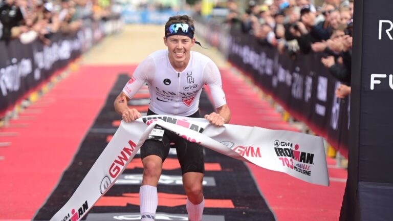 Hayden Wilde taking the win at GWM IRONMAN 70.3 Melbourne 2023 Photo credit Sportograf for IRONMAN