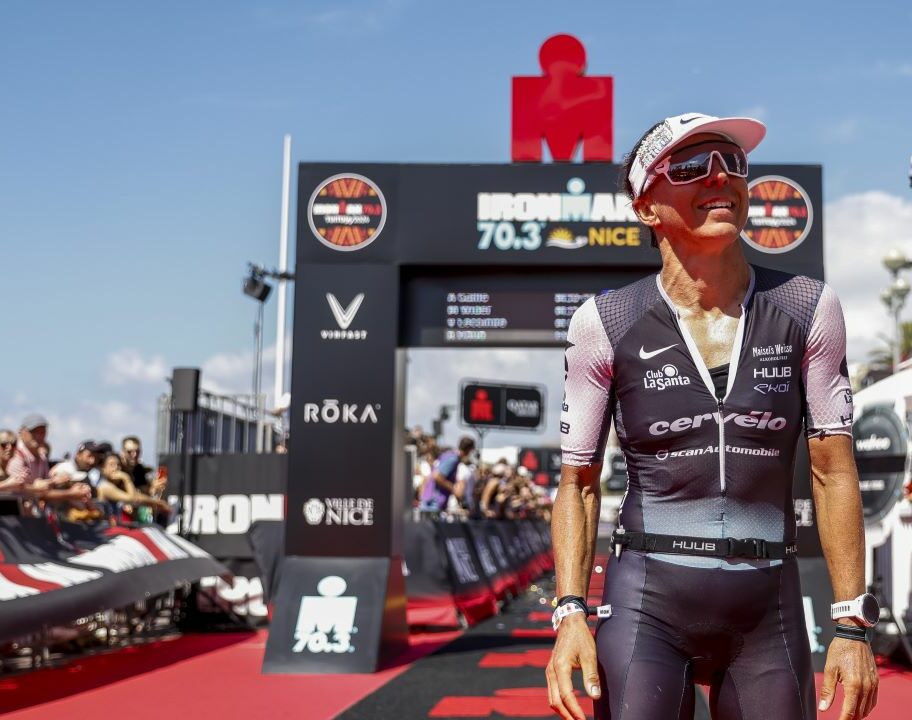 Anne Haug at the finish of IRONMAN 70.3 Nice 2024