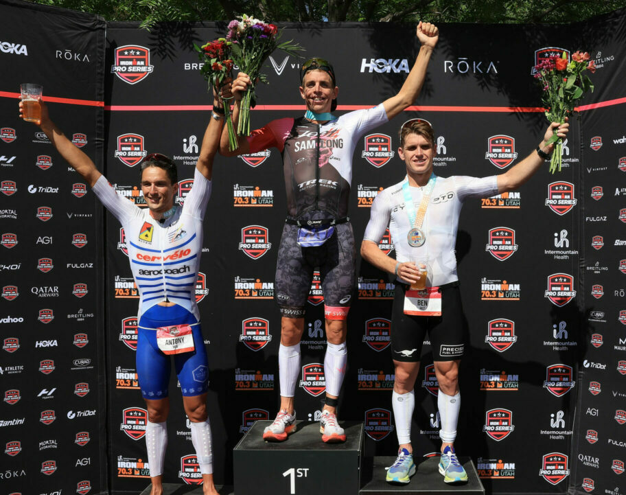 The men's podium at the IRONMAN 70.3 North American Championship 2024.