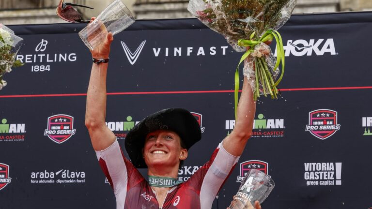 Kat Matthews on the podium at IRONMAN Vitoria 2024