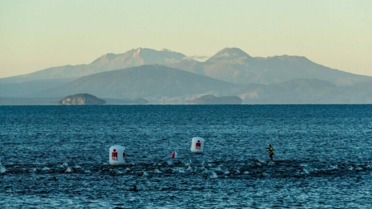 The swim course in Taupo for the IRONMAN 70.3 World Championship in 2024.