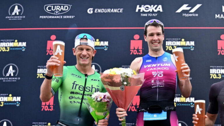 Jackson Laundry Lionel Sanders podium Oceanside 2022 [Photo credit: Donald Miralle /Getty Images for IRONMAN]