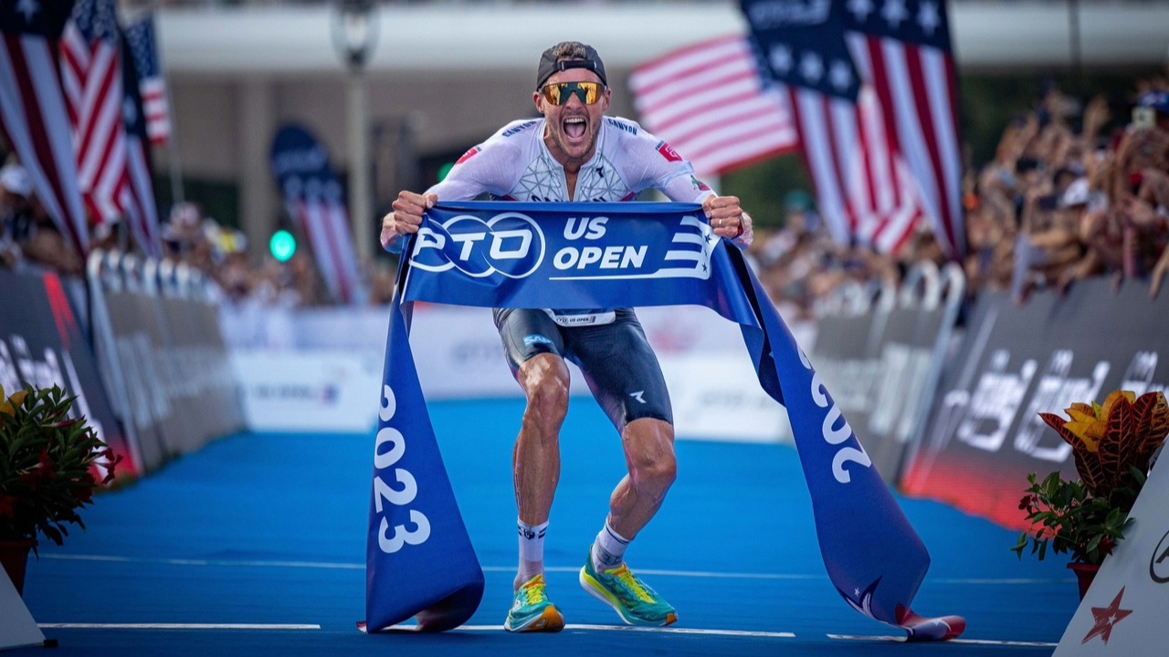 Jan Frodeno wearing a Ryzon tri suit as he wins the PTO US Open.