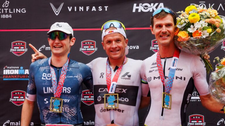 Kristian Blummenfelt Kieran Lindars Gregory Barnaby IRONMAN Frankfurt podium 2024 photo credit IRONMAN