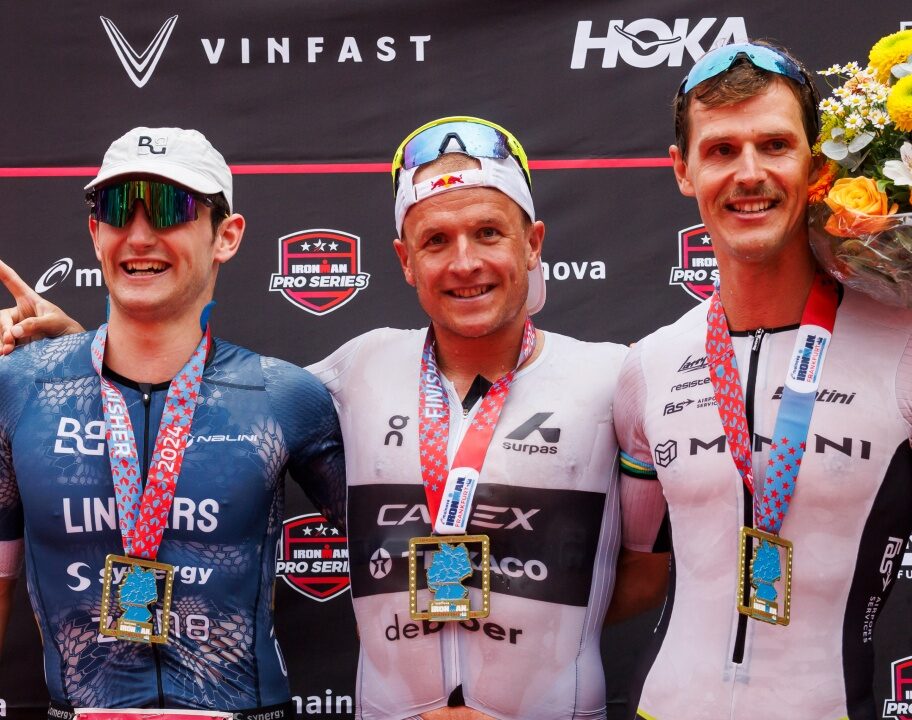 Kristian Blummenfelt Kieran Lindars Gregory Barnaby IRONMAN Frankfurt podium 2024 photo credit IRONMAN