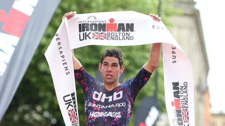 BOLTON, ENGLAND - JULY 04: Joe Skipper of Britain reacts after winning Ironman UK on July 4, 2021 in Bolton, England. (Photo by Nigel Roddis/Getty Images for IRONMAN)