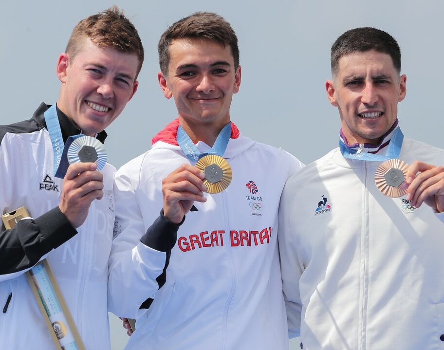 Paris 2024 Olympic Games men's podium - Alex Yee, Hayden Wilde, Leo Bergere