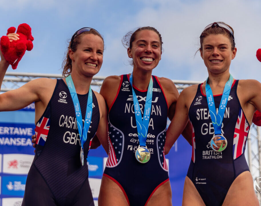 Grace Norman, Claire Cashmore, Lauren Steadman - podium at World Triathlon Para Series Swansea 2023