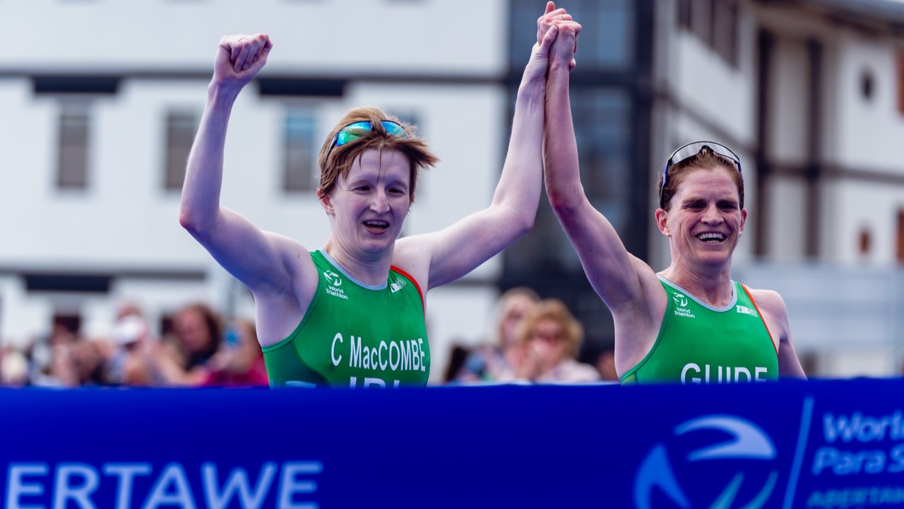 Chloe MacCombe and Eimear Nicholls World Triathlon Para Series Swansea 2024 / WTPS Swansea