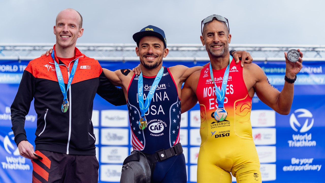 Men PTS2 podium World Triathlon Para Series Swansea 2024 / WTPS Swansea