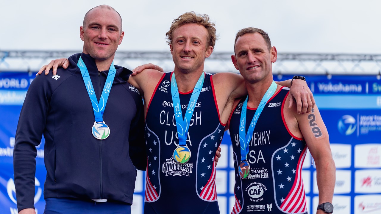 Men PTS4 podium World Triathlon Para Series Swansea 2024 / WTPS Swansea