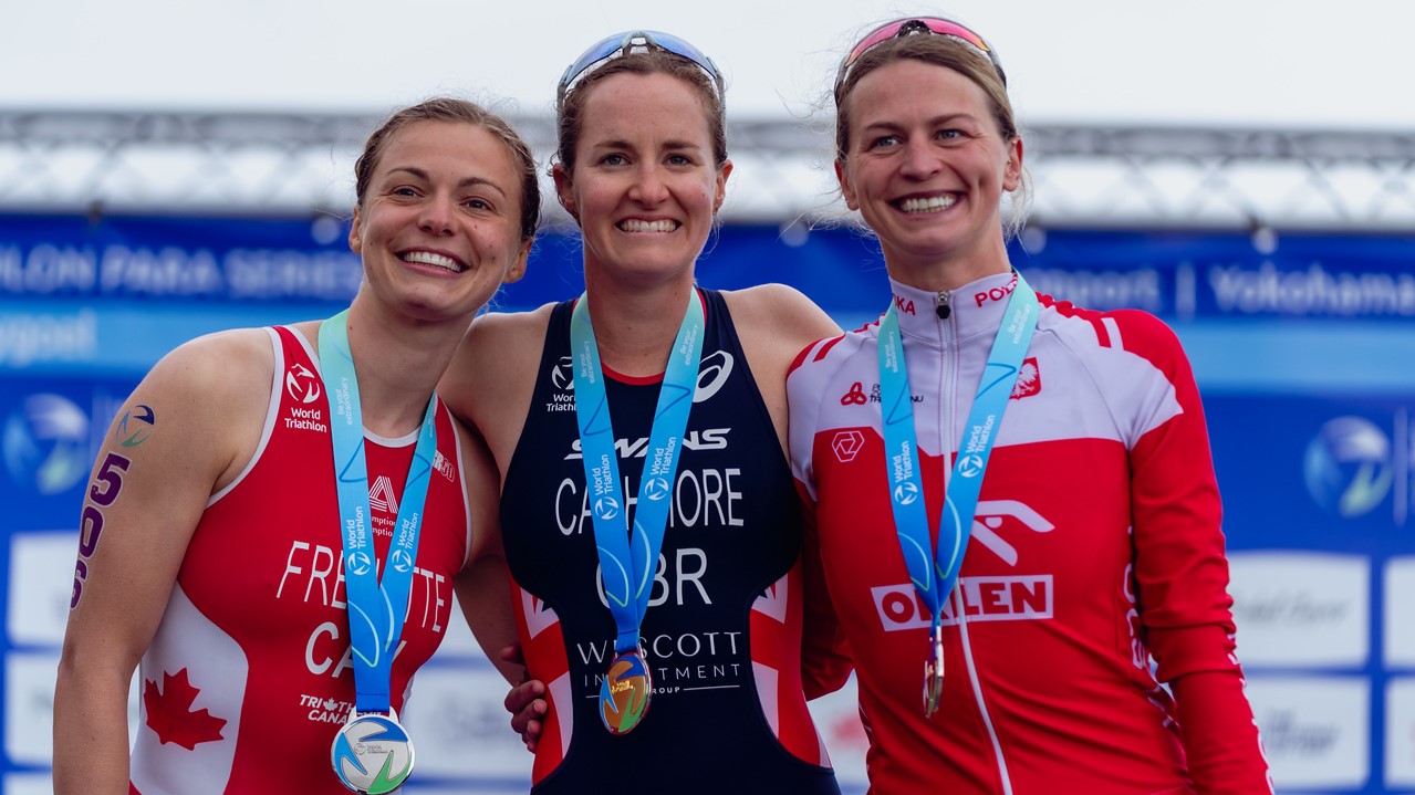 Women PTS5 podium World Triathlon Para Series Swansea 2024 / WTPS Swansea