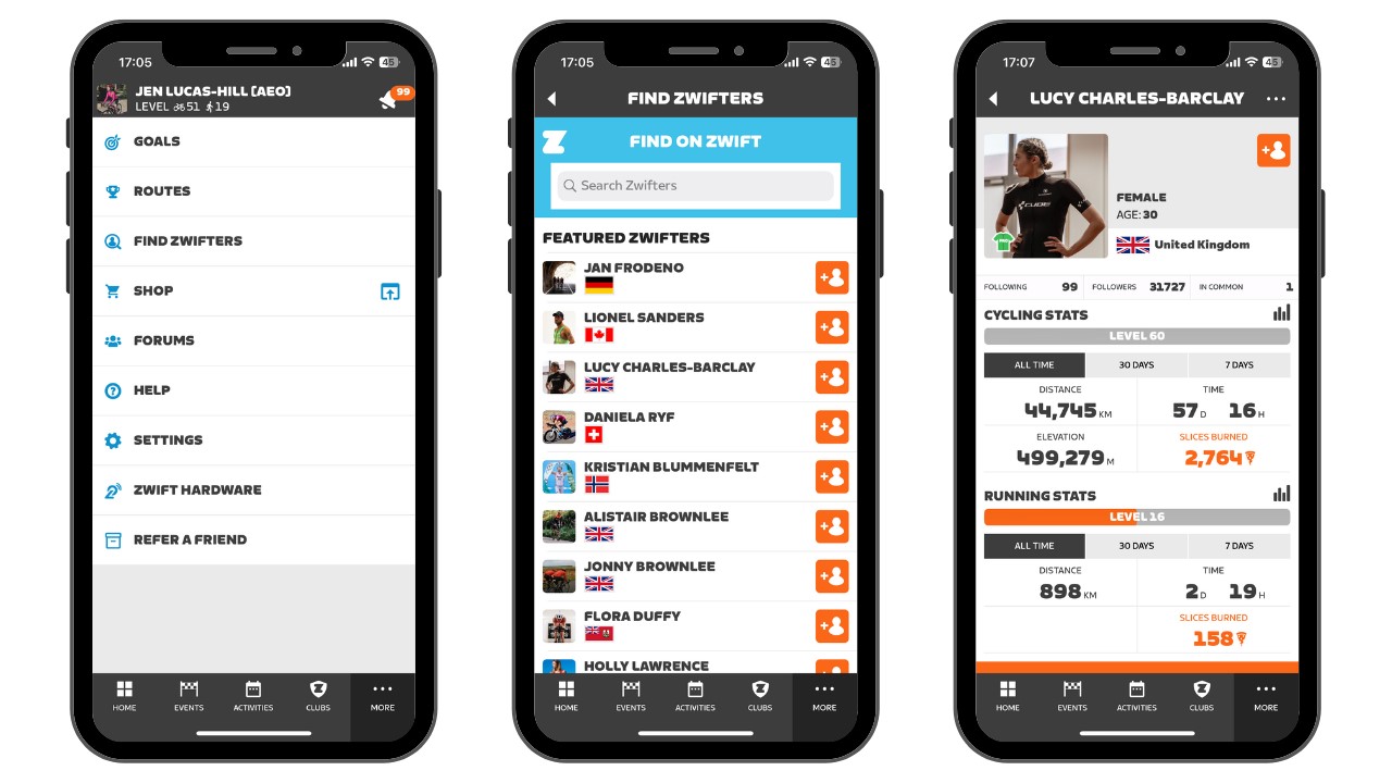 Zwift companion app step by step examples to find and follow athletes